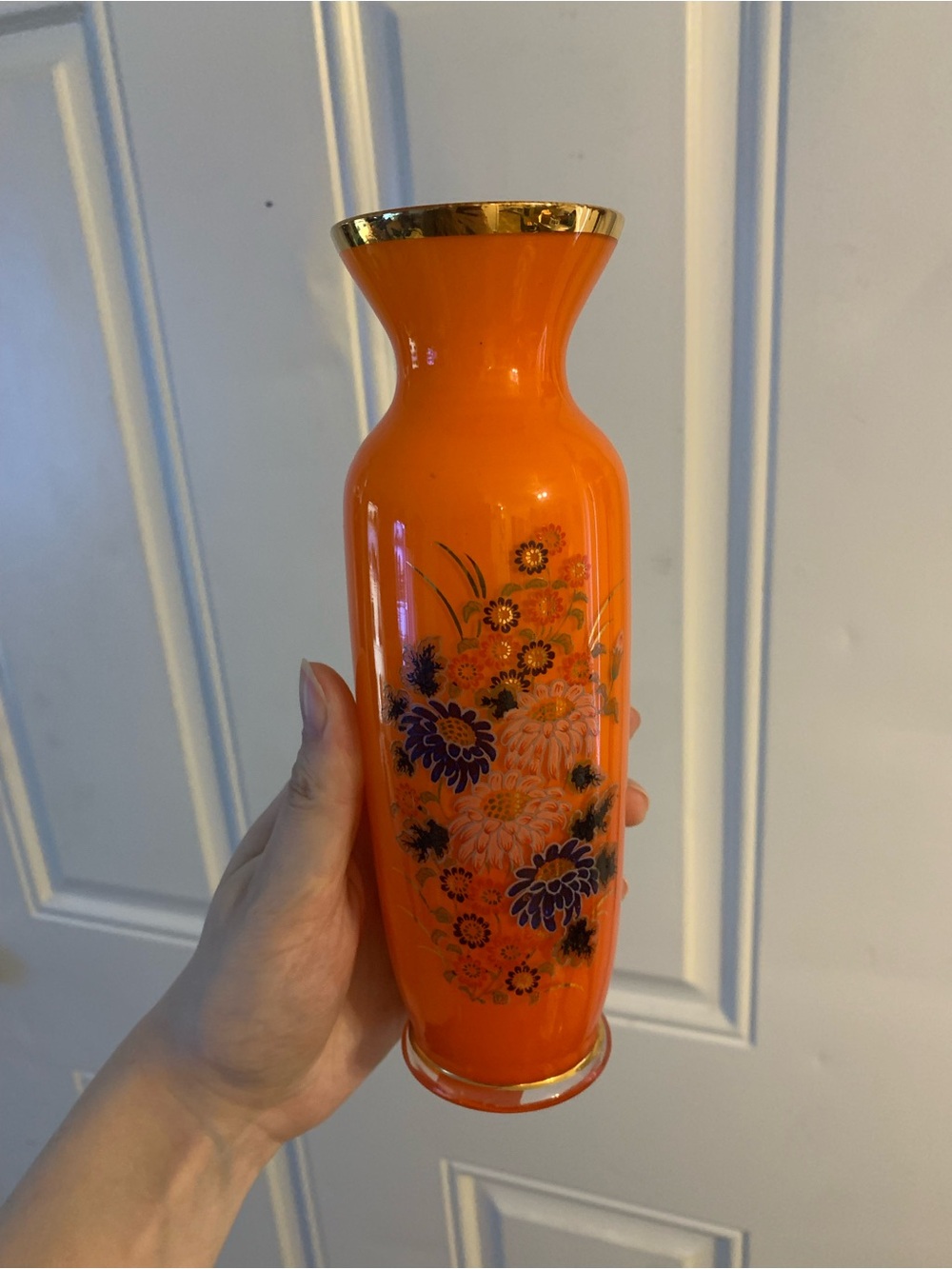 Made In Japan Orange Cased Flowers w/ Gold trim Vase 8 1/8" retro groovy